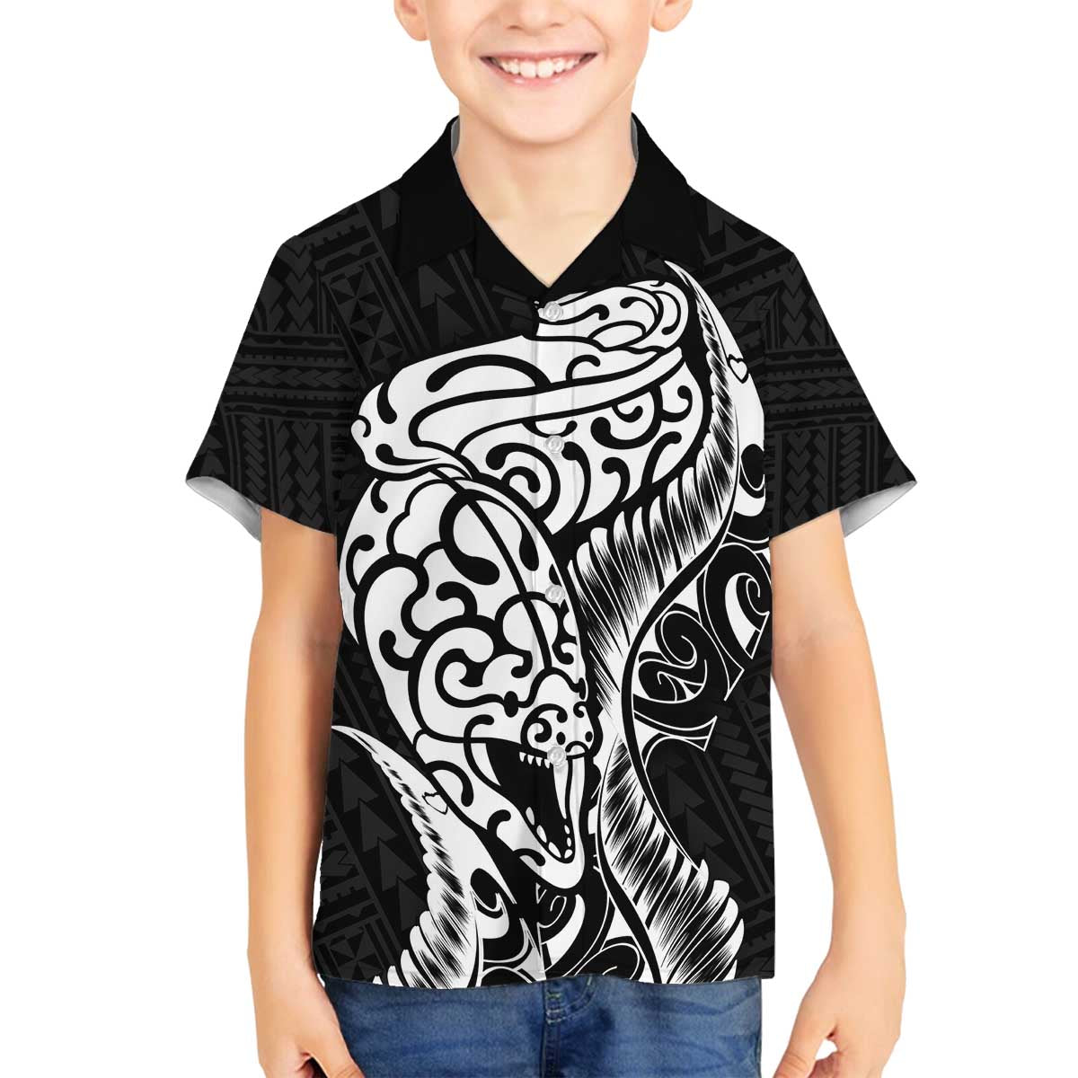 New Zealand Eel Family Matching Off Shoulder Short Dress and Hawaiian Shirt Tuna Aotearoa Maori Patten - Black LT14 Son's Shirt Black - Polynesian Pride