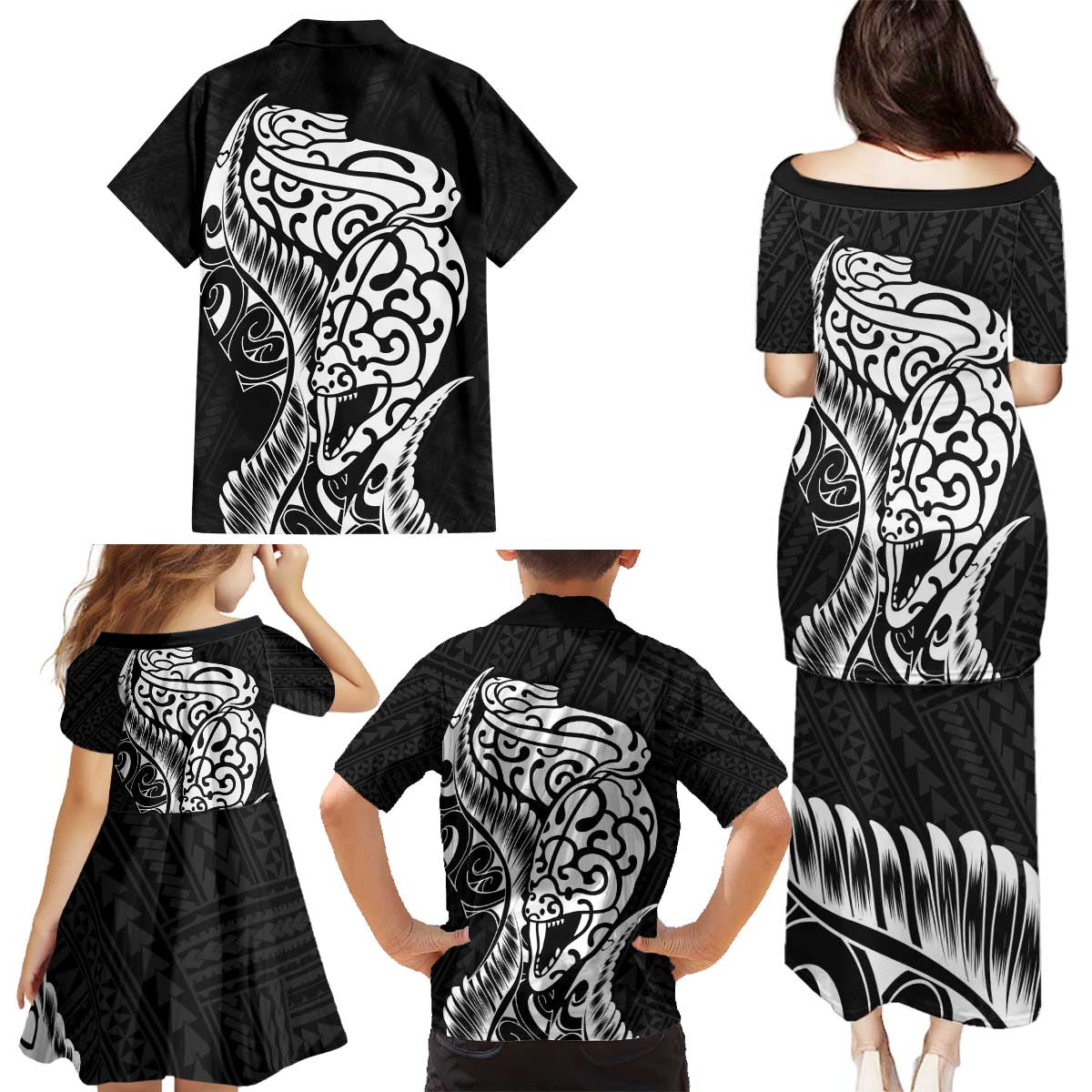 New Zealand Eel Family Matching Puletasi and Hawaiian Shirt Tuna Aotearoa Maori Patten - Black