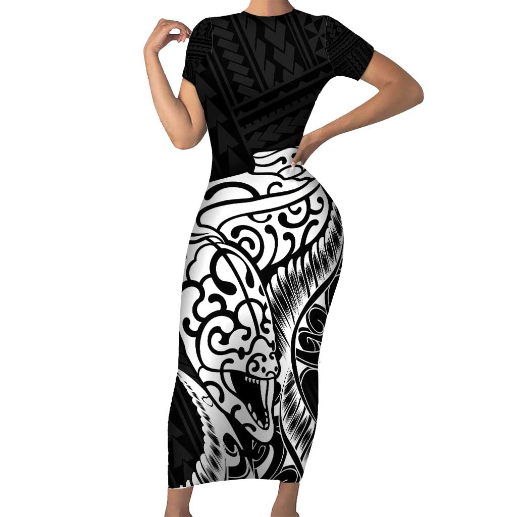New Zealand Eel Family Matching Short Sleeve Bodycon Dress and Hawaiian Shirt Tuna Aotearoa Maori Patten - Black LT14 Mom's Dress Black - Polynesian Pride