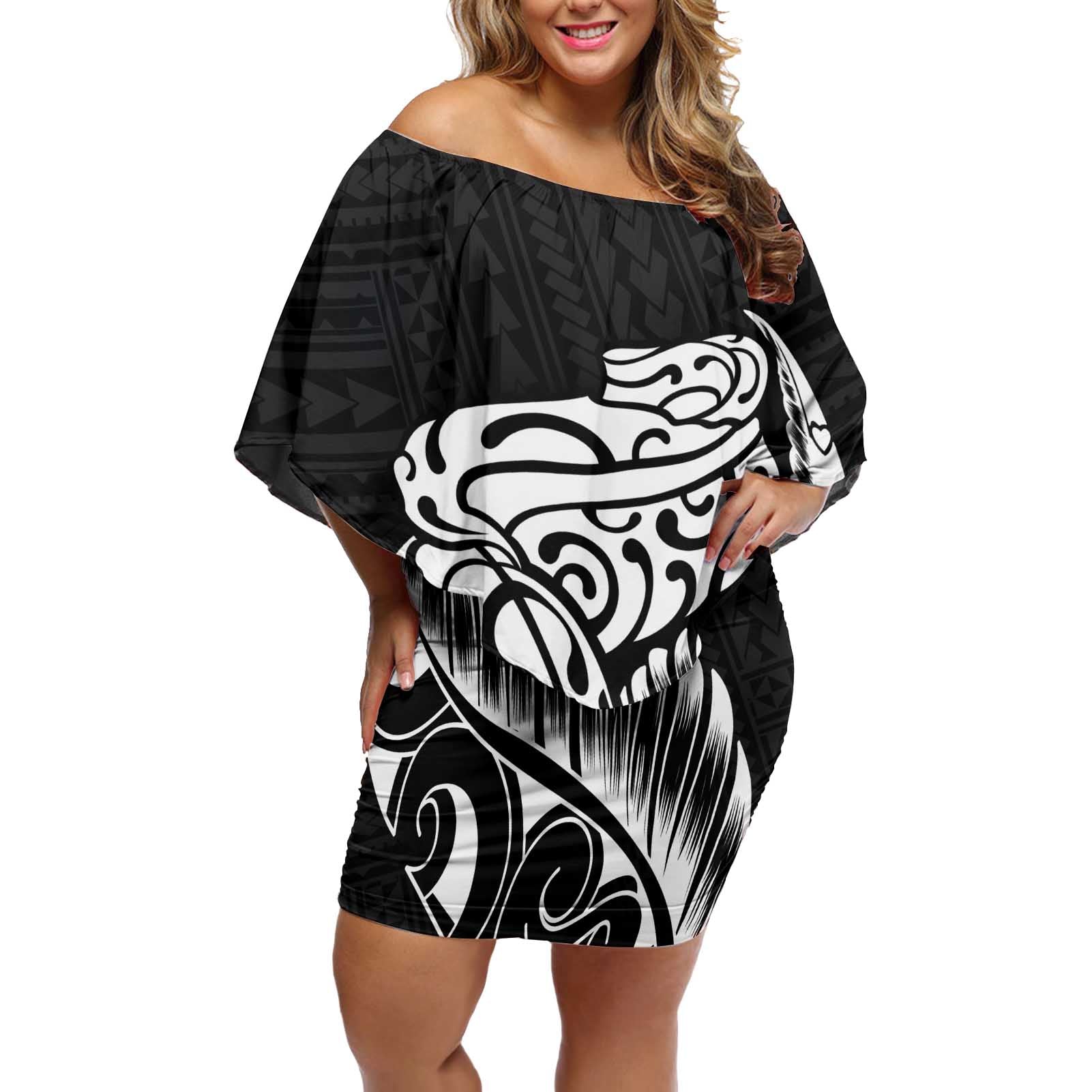 New Zealand Eel Off Shoulder Short Dress Tuna Aotearoa Maori Patten - Black