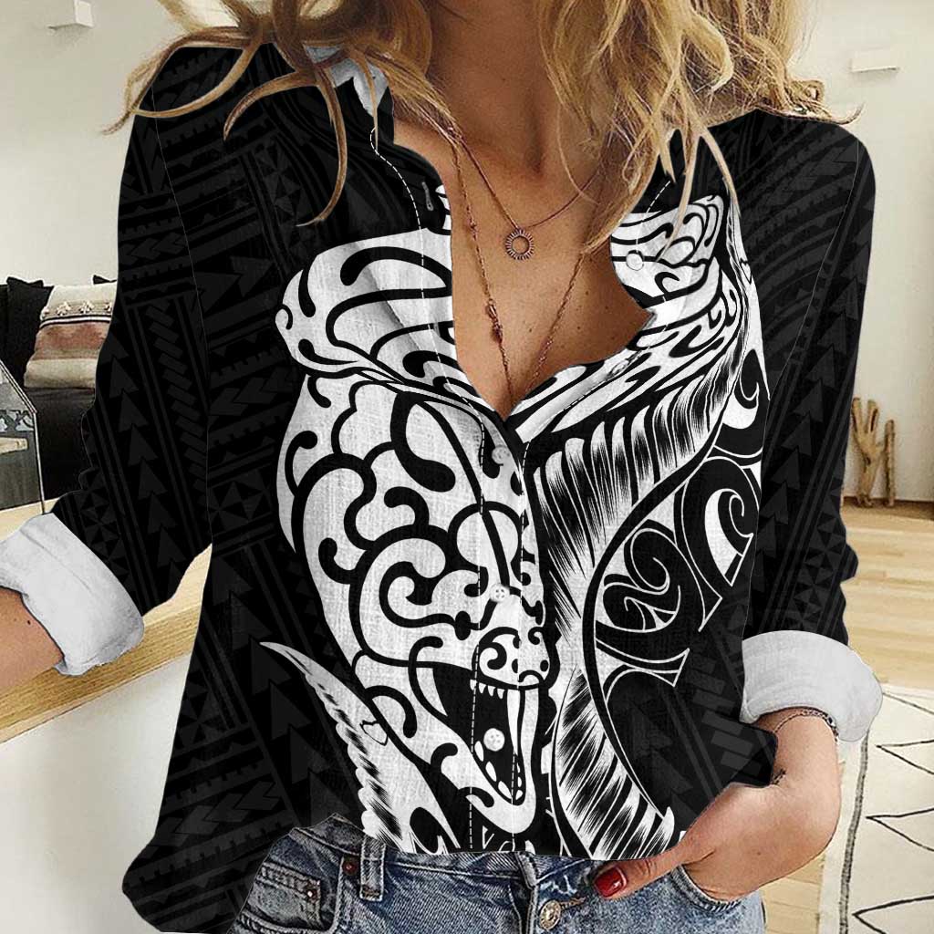 New Zealand Eel Women Casual Shirt Tuna Aotearoa Maori Patten - Black LT14 Female Black - Polynesian Pride