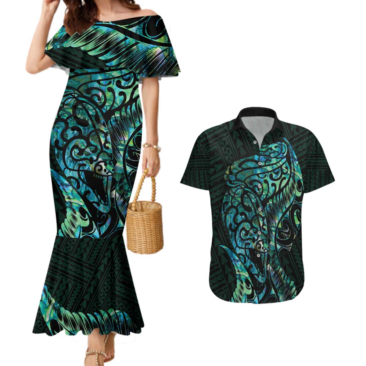 New Zealand Eel Couples Matching Mermaid Dress and Hawaiian Shirt Tuna Aotearoa Maori With Paua Shell - Turquoise