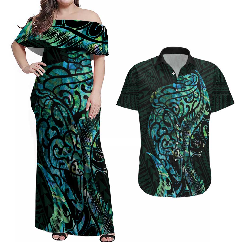 New Zealand Eel Couples Matching Off Shoulder Maxi Dress and Hawaiian Shirt Tuna Aotearoa Maori With Paua Shell - Turquoise LT14 Turquoise - Polynesian Pride