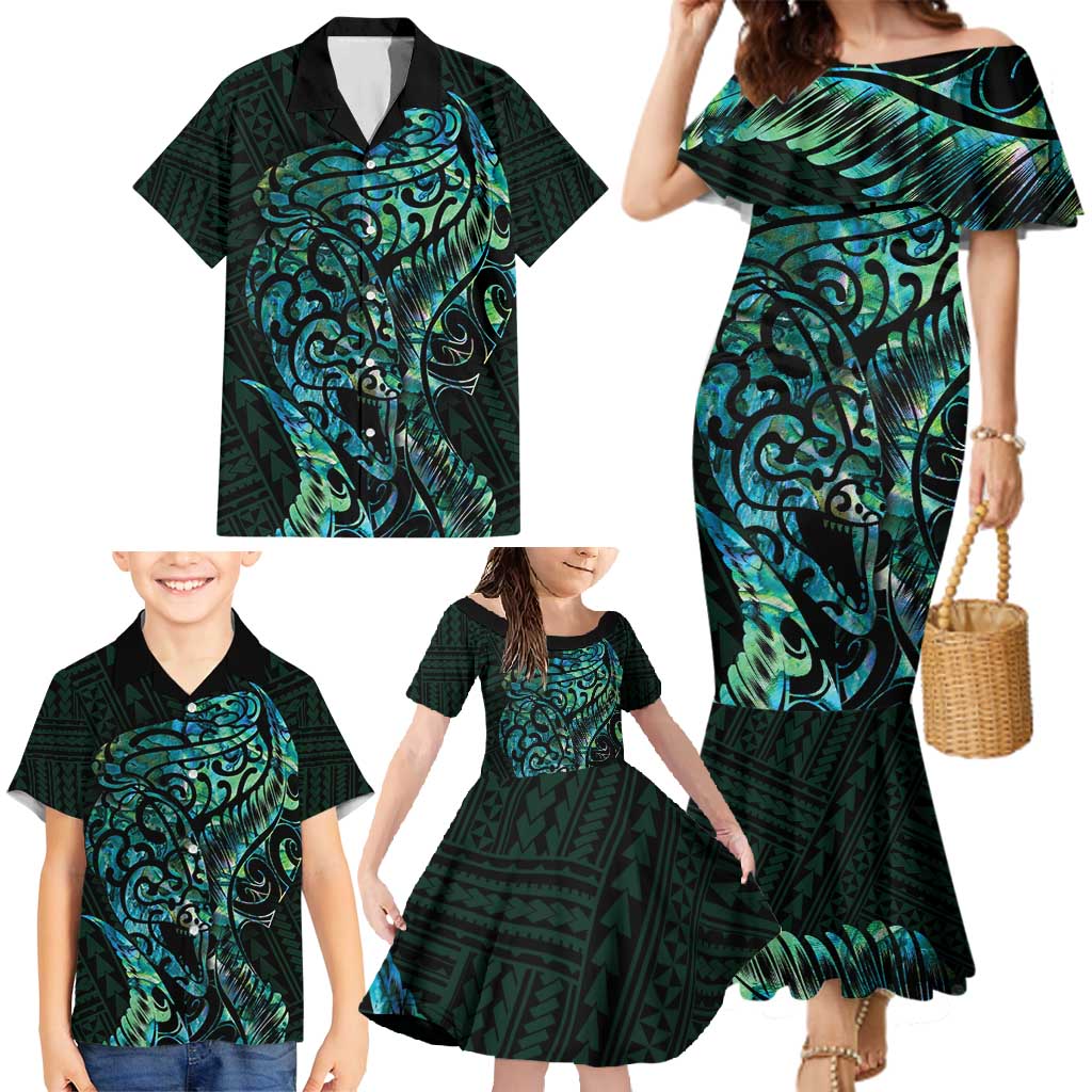 New Zealand Eel Family Matching Mermaid Dress and Hawaiian Shirt Tuna Aotearoa Maori With Paua Shell - Turquoise LT14 - Polynesian Pride