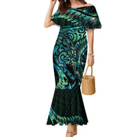 New Zealand Eel Family Matching Mermaid Dress and Hawaiian Shirt Tuna Aotearoa Maori With Paua Shell - Turquoise LT14 Mom's Dress Turquoise - Polynesian Pride