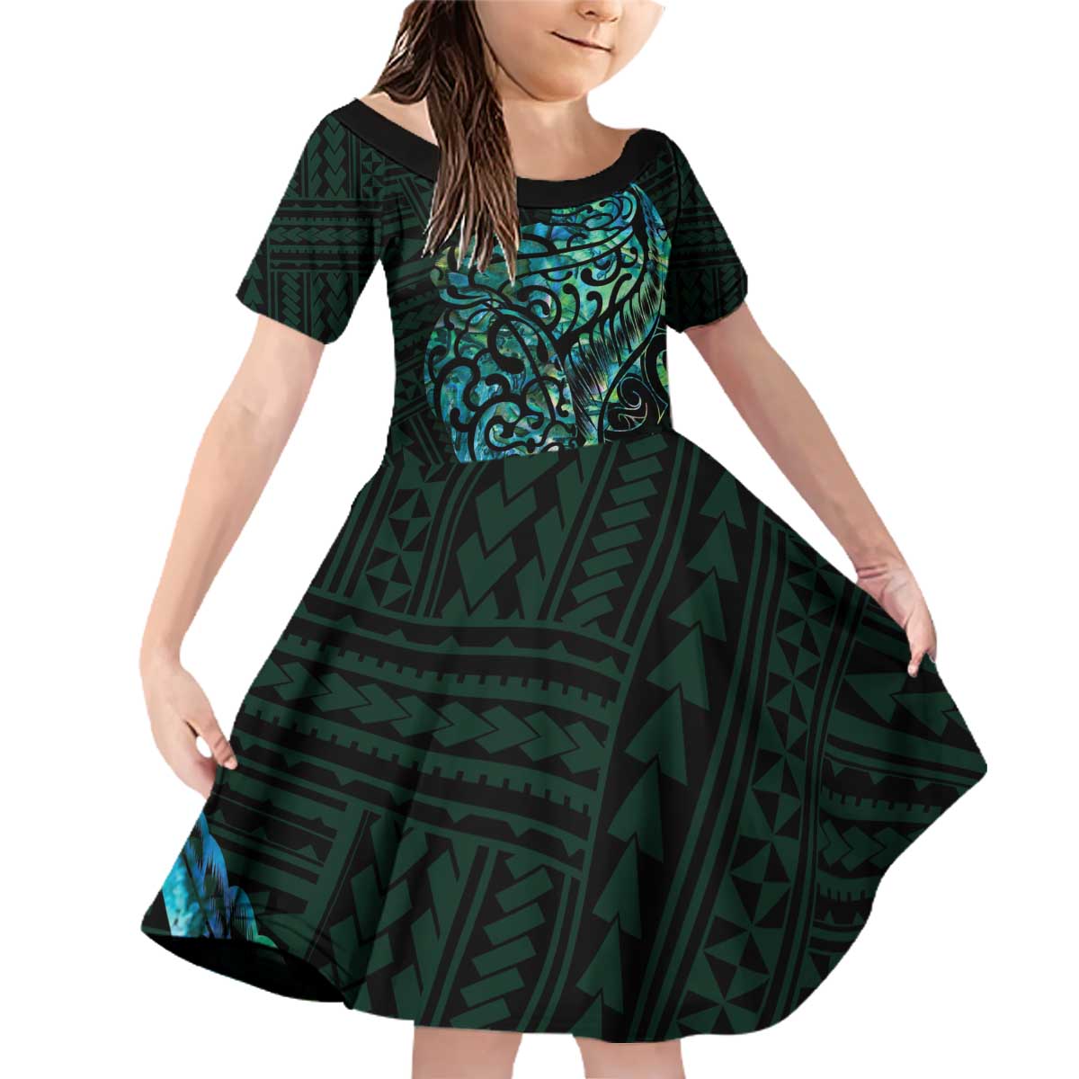 New Zealand Eel Family Matching Off Shoulder Short Dress and Hawaiian Shirt Tuna Aotearoa Maori With Paua Shell - Turquoise LT14 Daughter's Dress Turquoise - Polynesian Pride