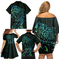 New Zealand Eel Family Matching Off Shoulder Short Dress and Hawaiian Shirt Tuna Aotearoa Maori With Paua Shell - Turquoise LT14 - Polynesian Pride