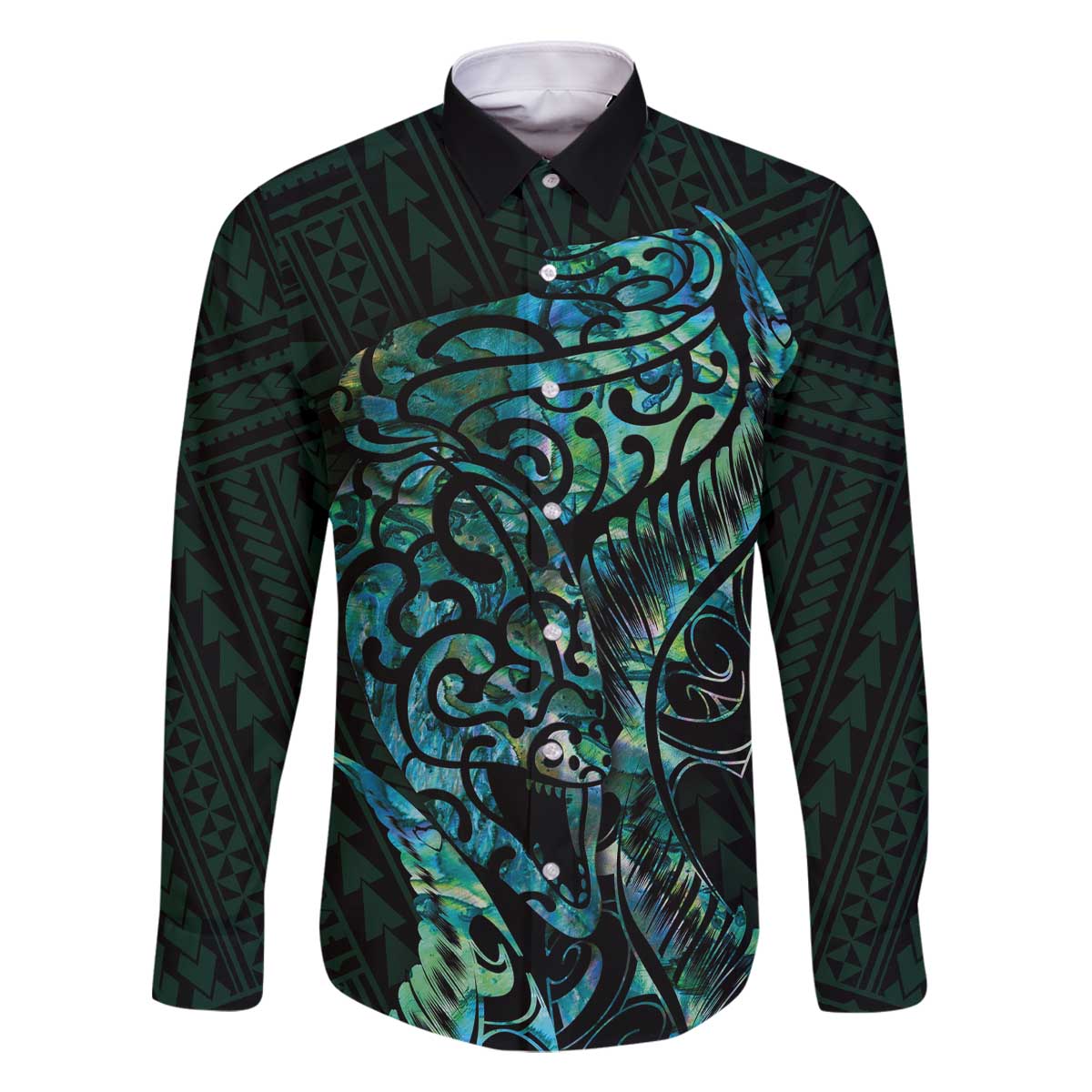New Zealand Eel Family Matching Off Shoulder Short Dress and Hawaiian Shirt Tuna Aotearoa Maori With Paua Shell - Turquoise LT14 Dad's Shirt - Long Sleeve Turquoise - Polynesian Pride