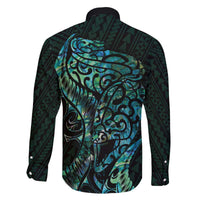 New Zealand Eel Family Matching Off Shoulder Short Dress and Hawaiian Shirt Tuna Aotearoa Maori With Paua Shell - Turquoise LT14 - Polynesian Pride