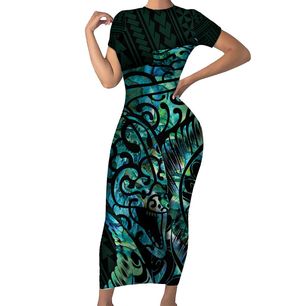 New Zealand Eel Family Matching Short Sleeve Bodycon Dress and Hawaiian Shirt Tuna Aotearoa Maori With Paua Shell - Turquoise LT14 Mom's Dress Turquoise - Polynesian Pride