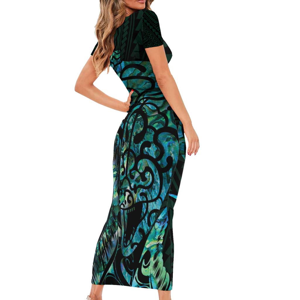 New Zealand Eel Family Matching Short Sleeve Bodycon Dress and Hawaiian Shirt Tuna Aotearoa Maori With Paua Shell - Turquoise LT14 - Polynesian Pride