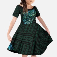 New Zealand Eel Family Matching Summer Maxi Dress and Hawaiian Shirt Tuna Aotearoa Maori With Paua Shell - Turquoise LT14 Daughter's Dress Turquoise - Polynesian Pride