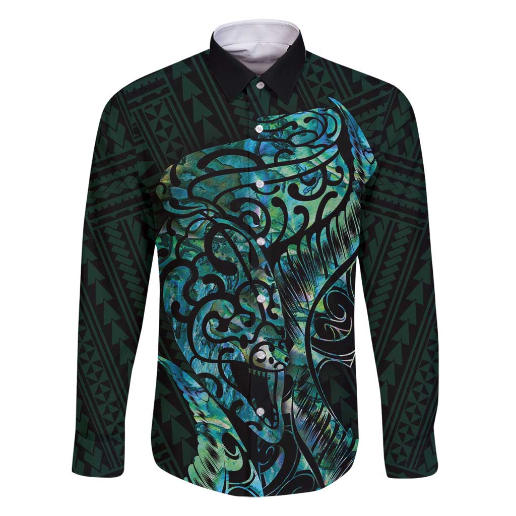 New Zealand Eel Family Matching Summer Maxi Dress and Hawaiian Shirt Tuna Aotearoa Maori With Paua Shell - Turquoise LT14 Dad's Shirt - Long Sleeve Turquoise - Polynesian Pride