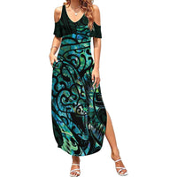 New Zealand Eel Family Matching Summer Maxi Dress and Hawaiian Shirt Tuna Aotearoa Maori With Paua Shell - Turquoise LT14 Mom's Dress Turquoise - Polynesian Pride