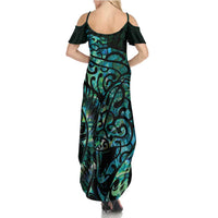 New Zealand Eel Family Matching Summer Maxi Dress and Hawaiian Shirt Tuna Aotearoa Maori With Paua Shell - Turquoise LT14 - Polynesian Pride