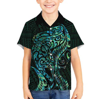 New Zealand Eel Family Matching Summer Maxi Dress and Hawaiian Shirt Tuna Aotearoa Maori With Paua Shell - Turquoise LT14 Son's Shirt Turquoise - Polynesian Pride