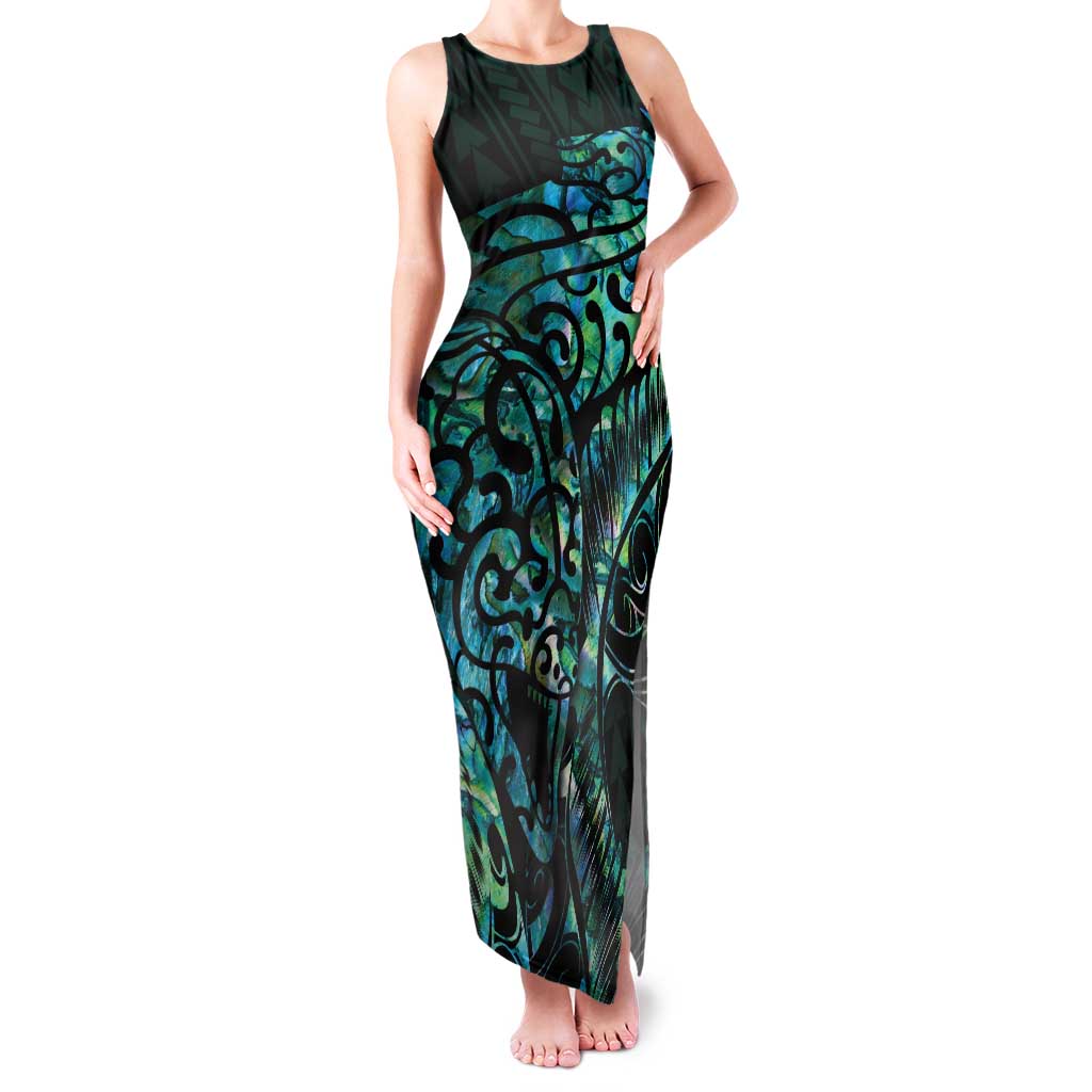 New Zealand Eel Family Matching Tank Maxi Dress and Hawaiian Shirt Tuna Aotearoa Maori With Paua Shell - Turquoise LT14 Mom's Dress Turquoise - Polynesian Pride