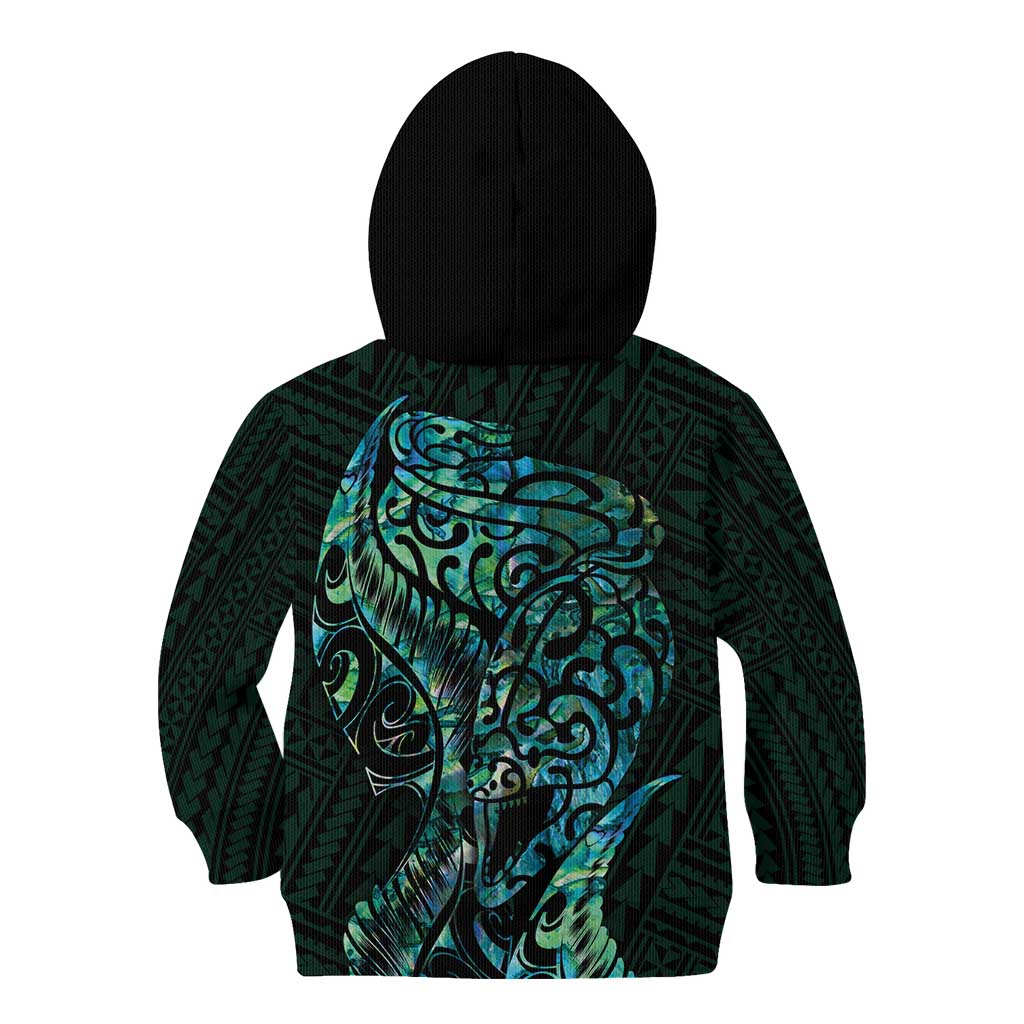 New Zealand Eel Kid Hoodie Tuna Aotearoa Maori With Paua Shell - Turquoise