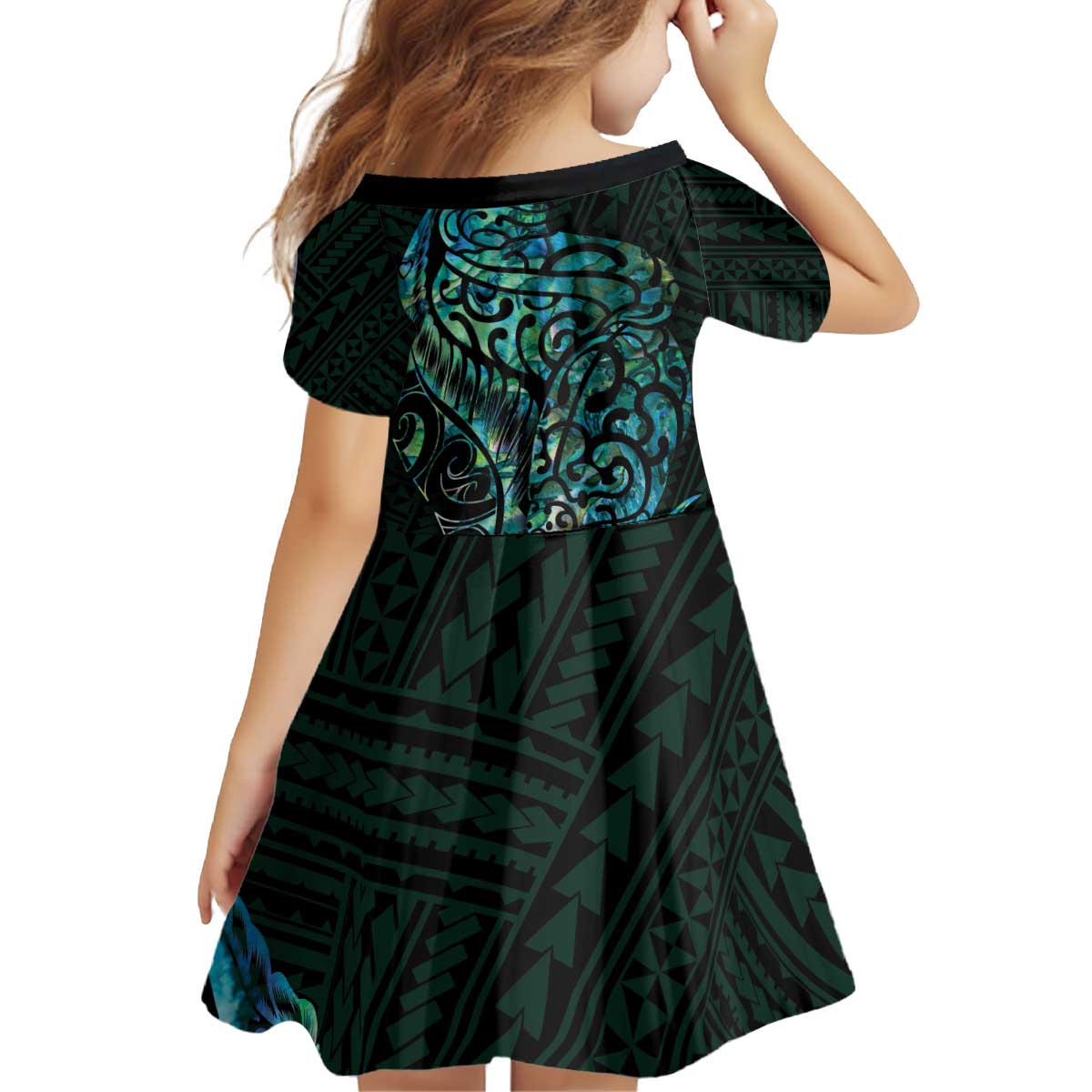 New Zealand Eel Kid Short Sleeve Dress Tuna Aotearoa Maori With Paua Shell - Turquoise