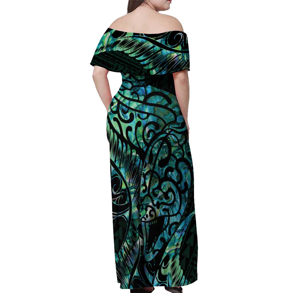 New Zealand Eel Off Shoulder Maxi Dress Tuna Aotearoa Maori With Paua Shell - Turquoise