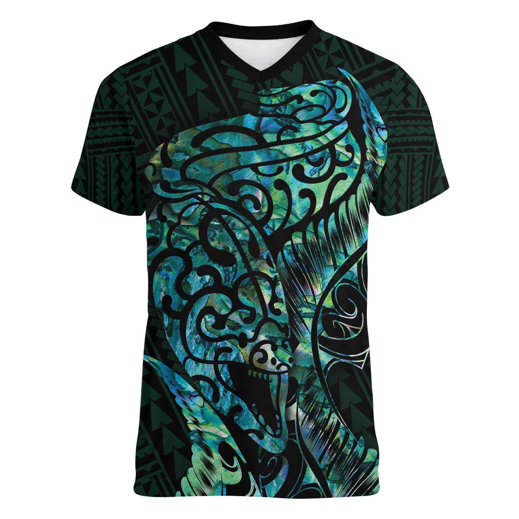 New Zealand Eel Women V-Neck T-Shirt Tuna Aotearoa Maori With Paua Shell - Turquoise LT14 Female Turquoise - Polynesian Pride