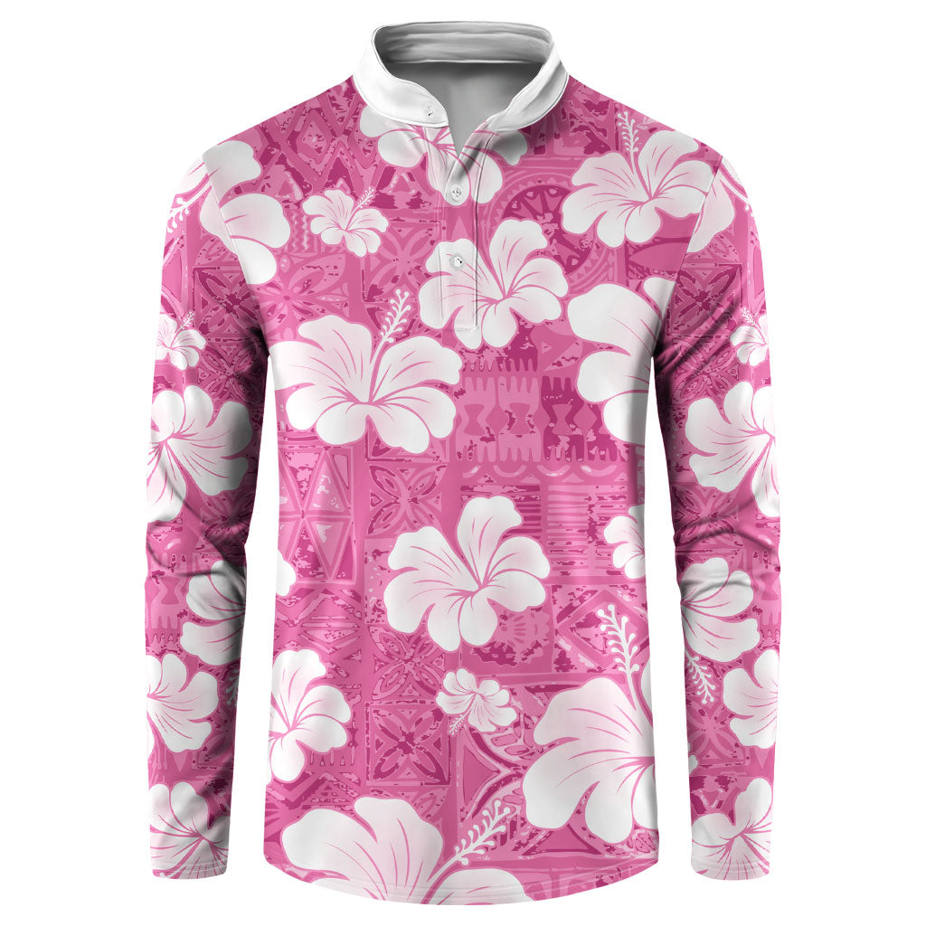 Pink Bula Fiji Masi Hibiscus Seamless Button Sweatshirt