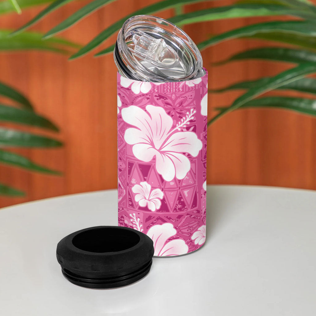 Pink Bula Fiji Masi Hibiscus Seamless 4 in 1 Can Cooler Tumbler