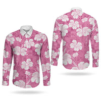 Pink Bula Fiji Masi Hibiscus Seamless Couples Matching Off Shoulder Maxi Dress and Long Sleeve Button Shirt