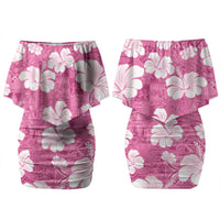 Pink Bula Fiji Masi Hibiscus Seamless Couples Matching Off Shoulder Short Dress and Long Sleeve Button Shirt