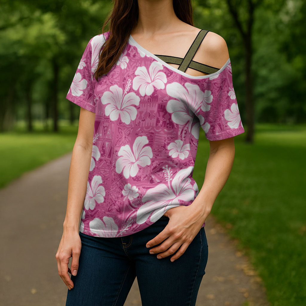 Pink Bula Fiji Masi Hibiscus Seamless Cross Shoulder Shirt