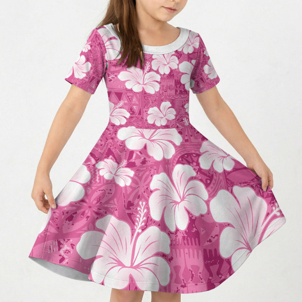 Pink Bula Fiji Masi Hibiscus Seamless Kid Short Sleeve Dress
