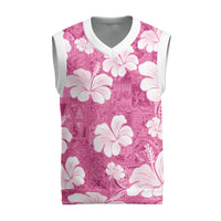 Pink Bula Fiji Masi Hibiscus Seamless Christmas Knitted V-Neck Vest