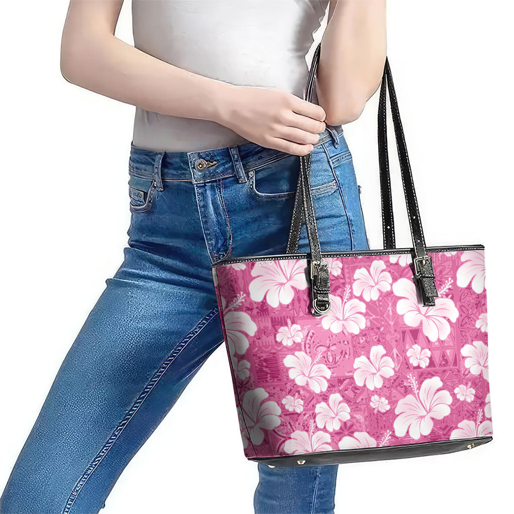 Pink Bula Fiji Masi Hibiscus Seamless Leather Tote Bag