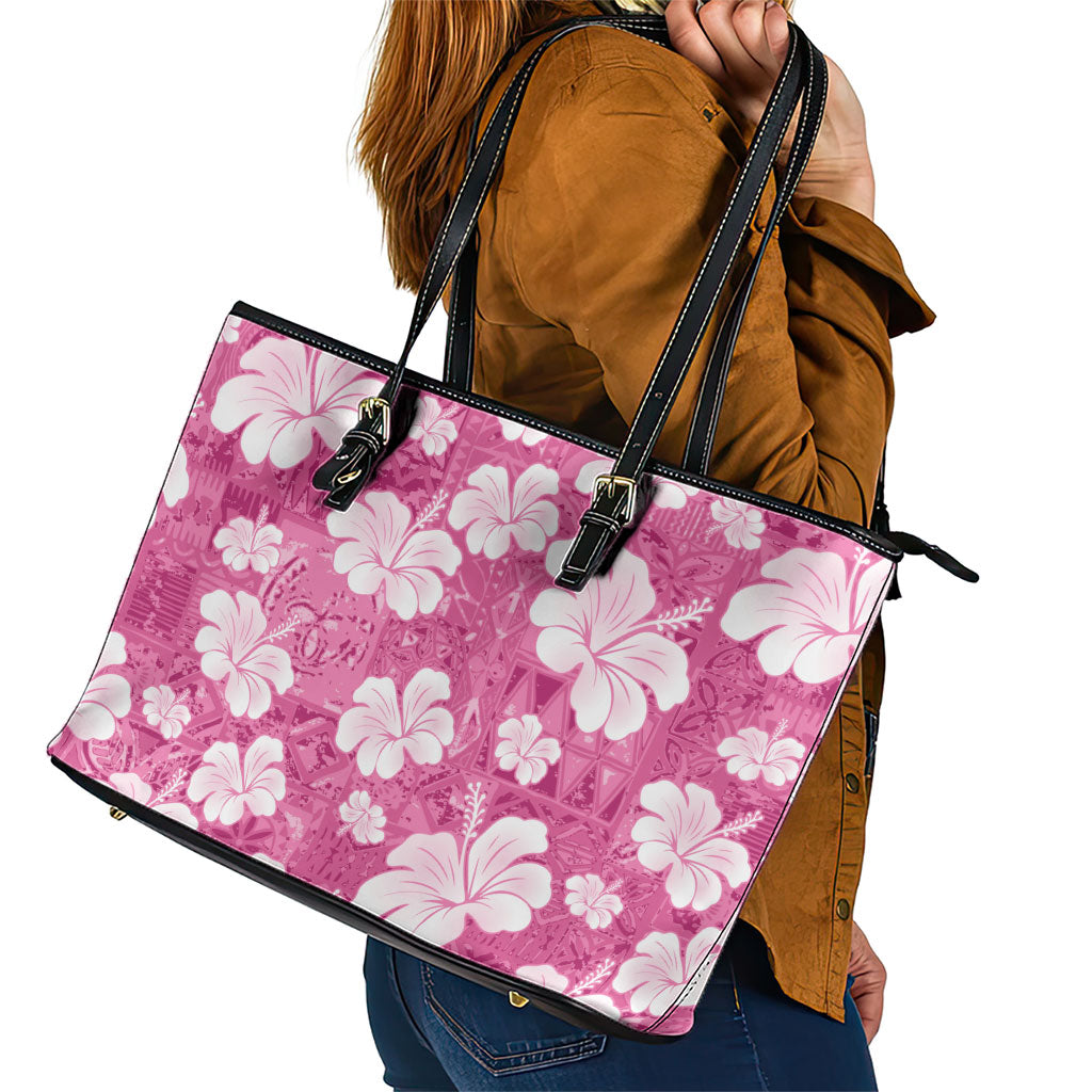 Pink Bula Fiji Masi Hibiscus Seamless Leather Tote Bag