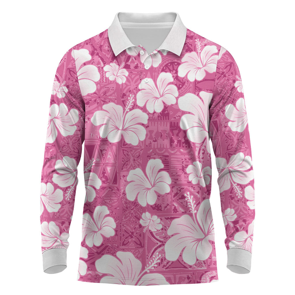 Pink Bula Fiji Masi Hibiscus Seamless Long Sleeve Polo Shirt