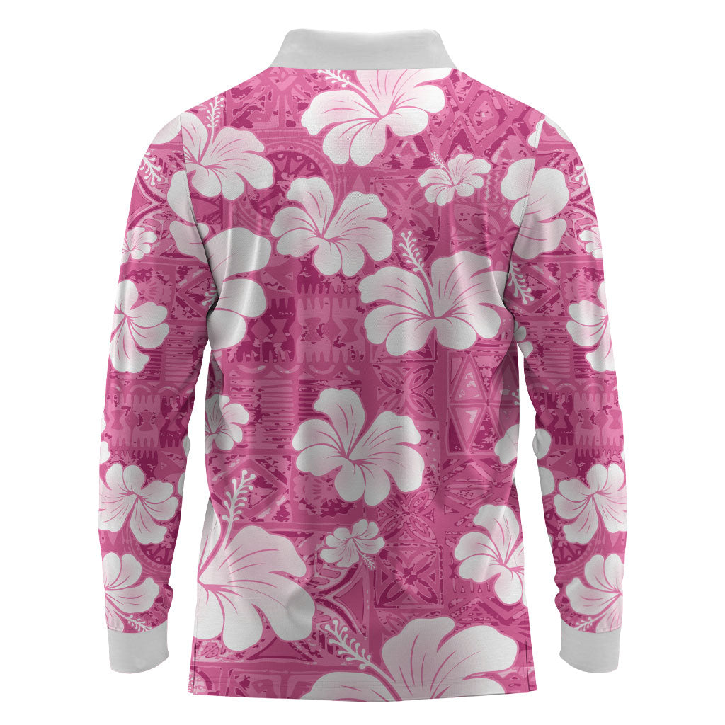 Pink Bula Fiji Masi Hibiscus Seamless Long Sleeve Polo Shirt