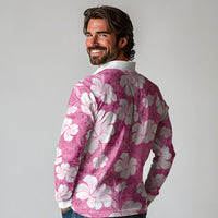Pink Bula Fiji Masi Hibiscus Seamless Long Sleeve Polo Shirt