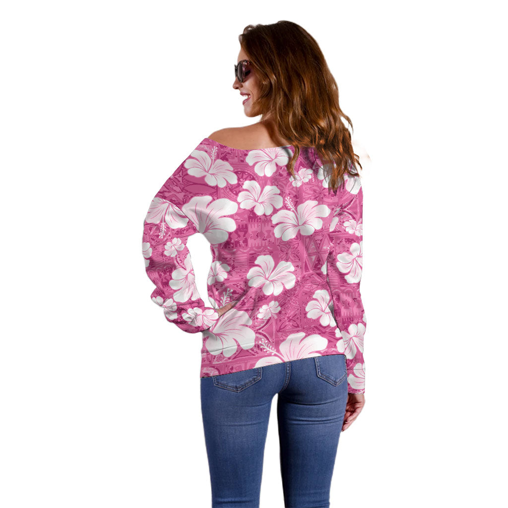 Pink Bula Fiji Masi Hibiscus Seamless Off Shoulder Sweater