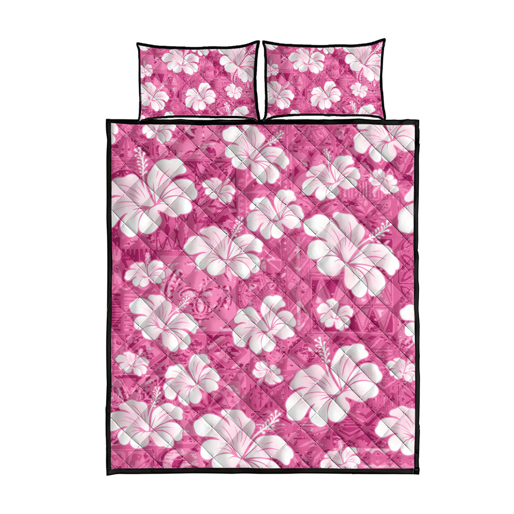 Pink Bula Fiji Masi Hibiscus Seamless Quilt Bed Set