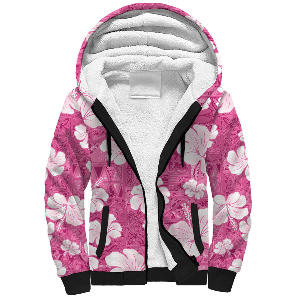 Pink Bula Fiji Masi Hibiscus Seamless Sherpa Hoodie
