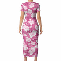 Pink Bula Fiji Masi Hibiscus Seamless Short Sleeve Bodycon Dress