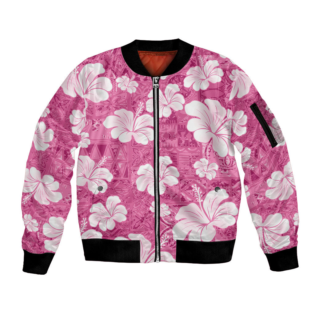 Pink Bula Fiji Masi Hibiscus Seamless Sleeve Zip Bomber Jacket