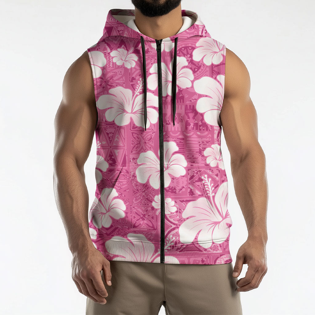 Pink Bula Fiji Masi Hibiscus Seamless Sleeveless Zip Hoodie