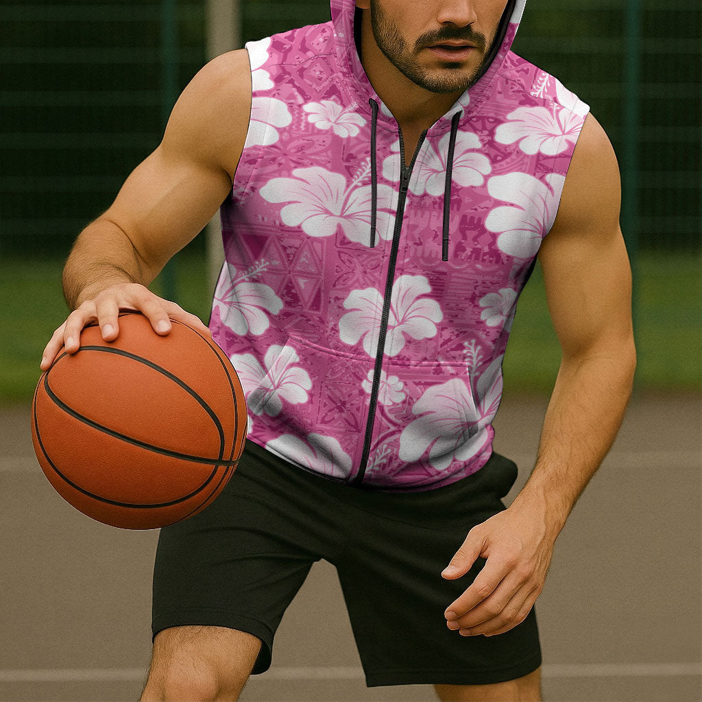 Pink Bula Fiji Masi Hibiscus Seamless Sleeveless Zip Hoodie