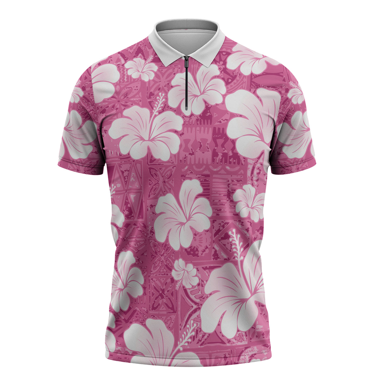 Pink Bula Fiji Masi Hibiscus Seamless Zipper Polo Shirt