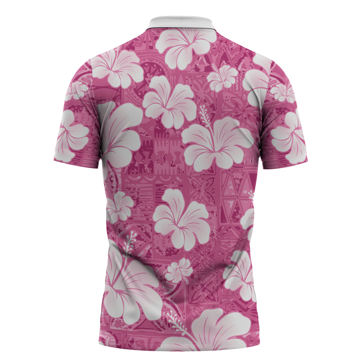 Pink Bula Fiji Masi Hibiscus Seamless Zipper Polo Shirt