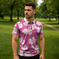 Pink Bula Fiji Masi Hibiscus Seamless Zipper Polo Shirt