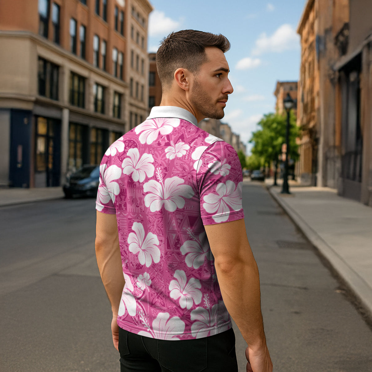Pink Bula Fiji Masi Hibiscus Seamless Zipper Polo Shirt