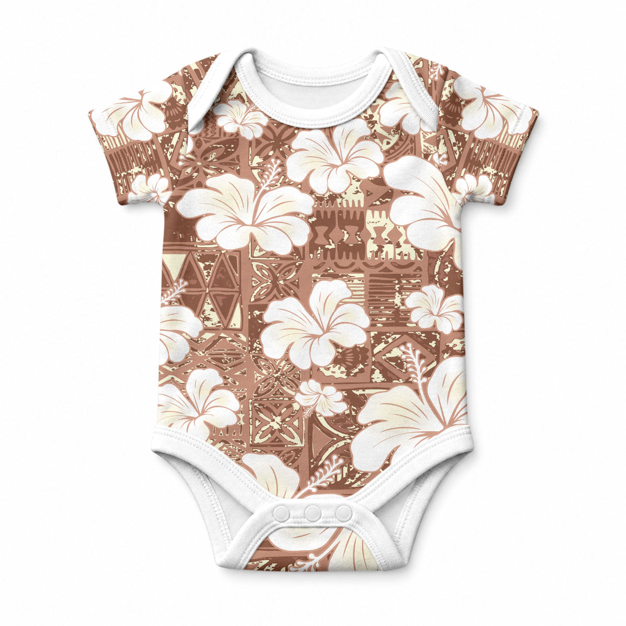 Brown Bula Fiji Masi Hibiscus Seamless Baby Onesie