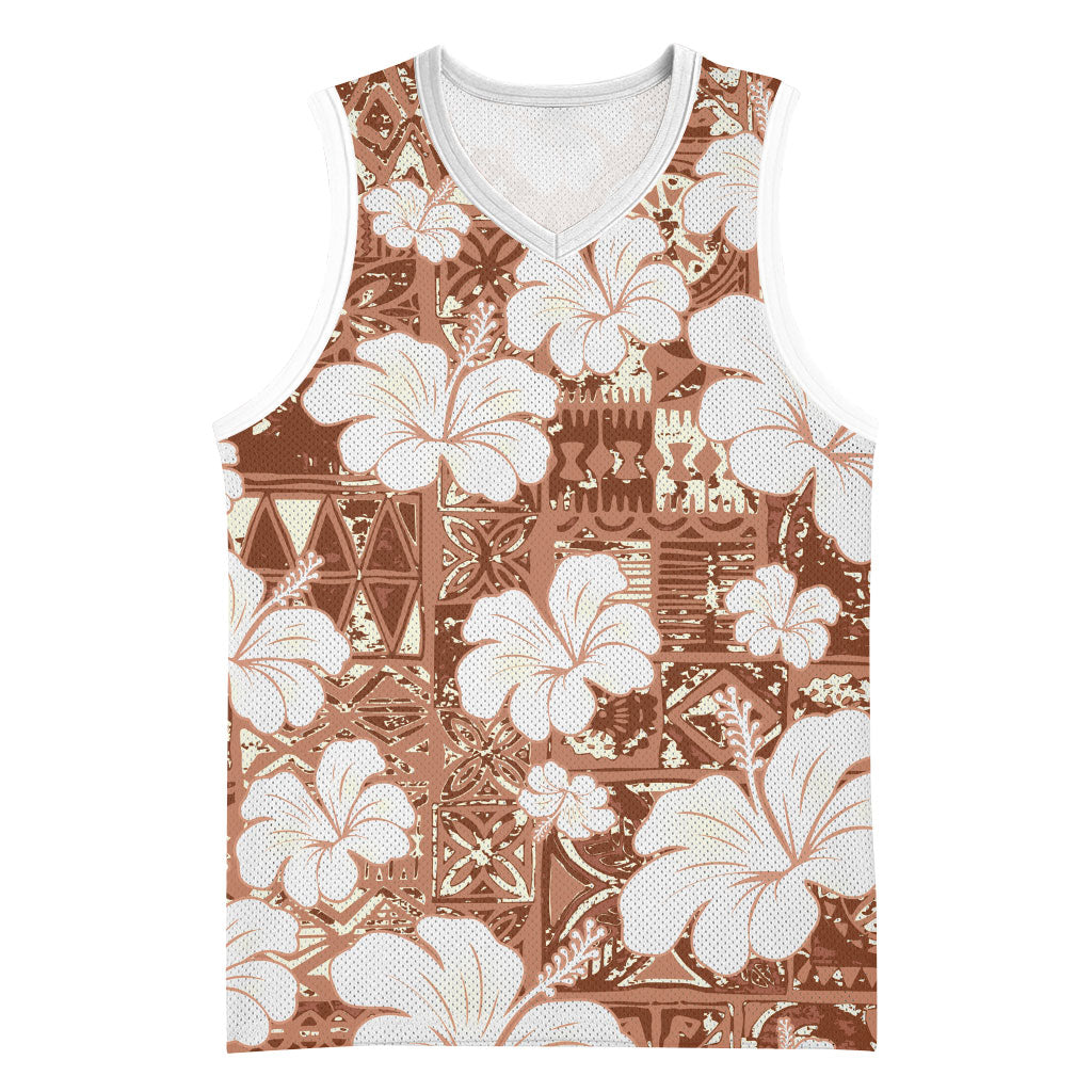 Brown Bula Fiji Masi Hibiscus Seamless Basketball Jersey